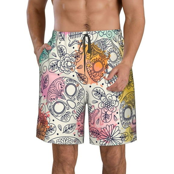Kll Skull And Flowers Men'S Casual Summer Beach Shorts Hawaiian Shorts With Pockets-Medium