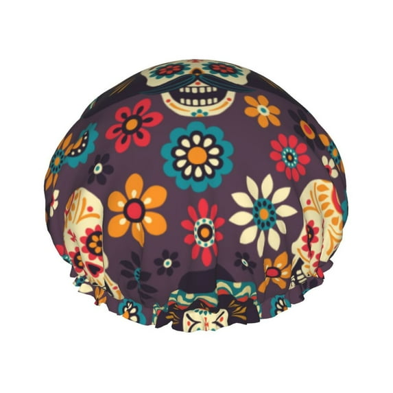 Kll Skulls And Flowers Pattern Shower Cap & Bath Cap For Women,Reversible Oversized Waterproof Shower Caps For All Hair Lengths,Elastic Reusable Bathing Hair Cap