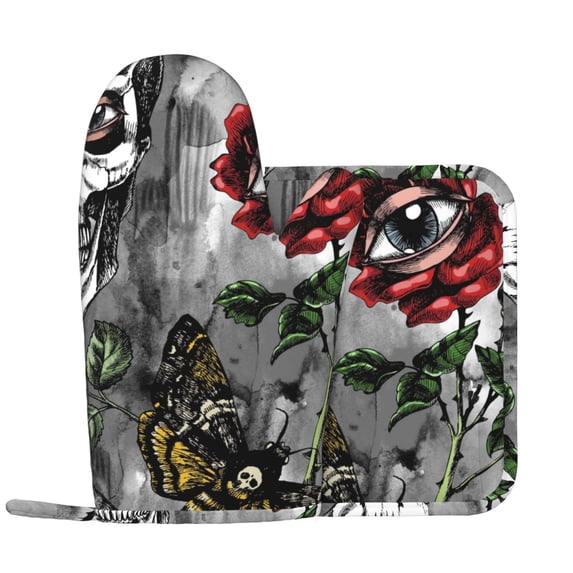 Kll Skulls Roses Oven Gloves And Pot Holders Grill Gloves - Oven Gloves And Pot Holders, Non-Slip Cooking Gloves With Recycled Pads