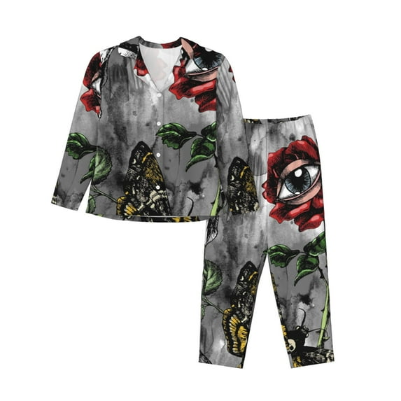 Kll Skulls Roses Print Women'S Long Sleeve Pajamas With Pants Sleepwear Loungewear 2 Set-Xx-Large
