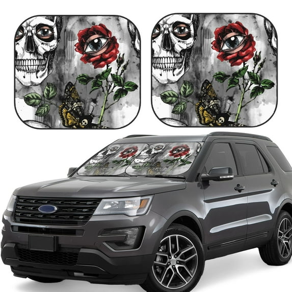 Kll Skulls Roses Windshield Sun Shade 2-Piece Foldable Car Front Window Sunshade For Most Sedans Suv Truck- Large