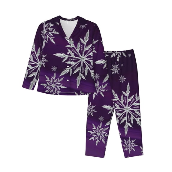 Kll Snowflake Gradient Purple Print Women'S Long Sleeve Pajamas With Pants Sleepwear Loungewear 2 Set-Small