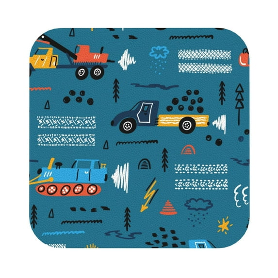 Kll Square Drink Coasters Set Of 4,Pu Leather Absorbent Coasters Set Decorative Coffee Cup Coasters Housewarming Gift For Home Decor-Construction Trucks