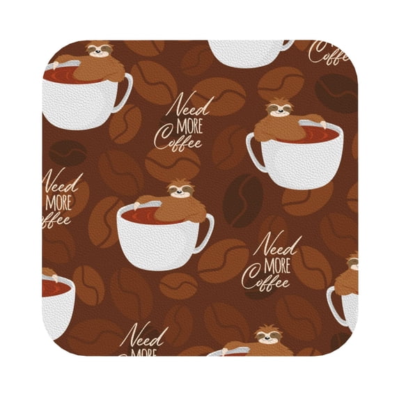 Kll Square Drink Coasters Set Of 4,Pu Leather Absorbent Coasters Set Decorative Coffee Cup Coasters Housewarming Gift For Home Decor-Sloths Need More Coffee
