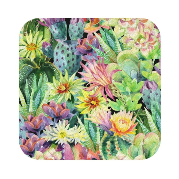 Kll Square Drink Coasters Set Of 4,Pu Leather Absorbent Coasters Set Decorative Coffee Cup Coasters Housewarming Gift For Home Decor-Watercolor Blooming Cactus