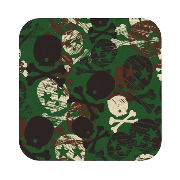 Kll Square Drink Coasters Set Of 4,Pu Leather Absorbent Coasters Set Decorative Coffee Cup Coasters Housewarming Gift For Home Decor-Camouflage Skull
