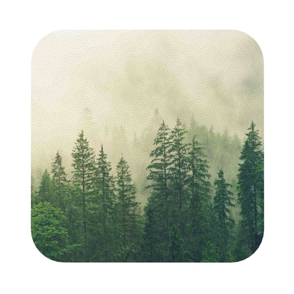 Kll Square Drink Coasters Set Of 4,Pu Leather Absorbent Coasters Set Decorative Coffee Cup Coasters Housewarming Gift For Home Decor-Fog Forest