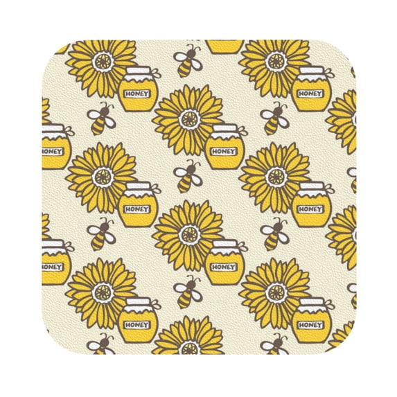 Kll Square Drink Coasters Set Of 4,Pu Leather Absorbent Coasters Set Decorative Coffee Cup Coasters Housewarming Gift For Home Decor-Cartoon Honey Pot Bee Sunflower
