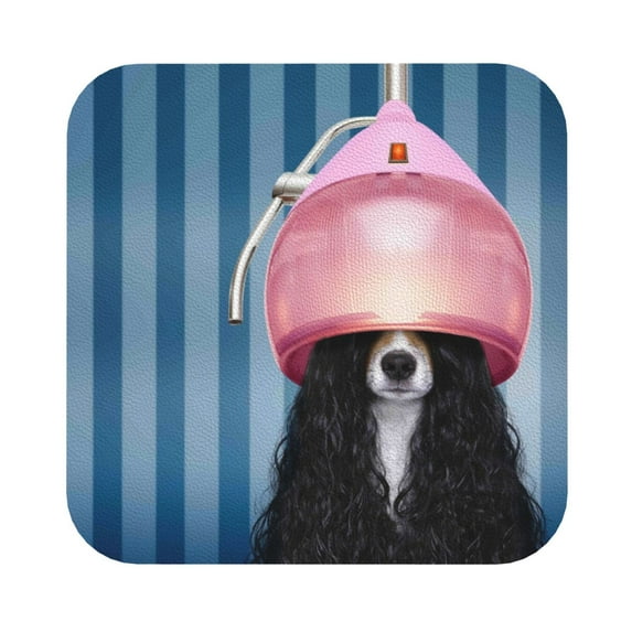 Kll Square Drink Coasters Set Of 4,Pu Leather Absorbent Coasters Set Decorative Coffee Cup Coasters Housewarming Gift For Home Decor-Dog In Hairdresser