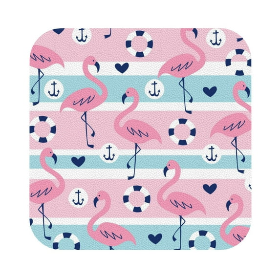 Kll Square Drink Coasters Set Of 4,Pu Leather Absorbent Coasters Set Decorative Coffee Cup Coasters Housewarming Gift For Home Decor-Pink Striped Flamingo