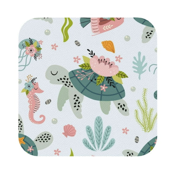 Kll Square Drink Coasters Set Of 4,Pu Leather Absorbent Coasters Set Decorative Coffee Cup Coasters Housewarming Gift For Home Decor-Turtle And Sea Life