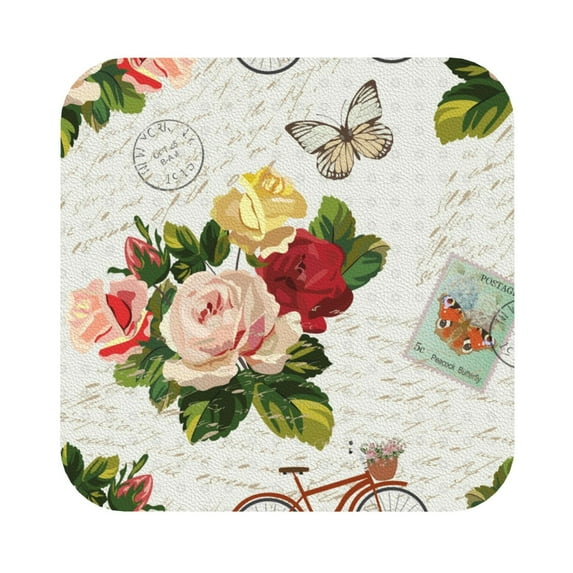 Kll Square Drink Coasters Set Of 4,Pu Leather Absorbent Coasters Set Decorative Coffee Cup Coasters Housewarming Gift For Home Decor-Vintage Bike Flower Butterfly