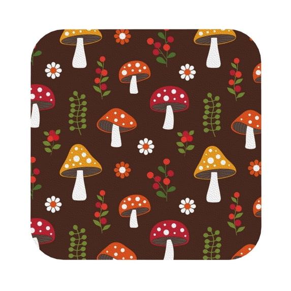 Kll Square Drink Coasters Set Of 4,Pu Leather Absorbent Coasters Set Decorative Coffee Cup Coasters Housewarming Gift For Home Decor-Woodland Mushroom With Flowers And Berries