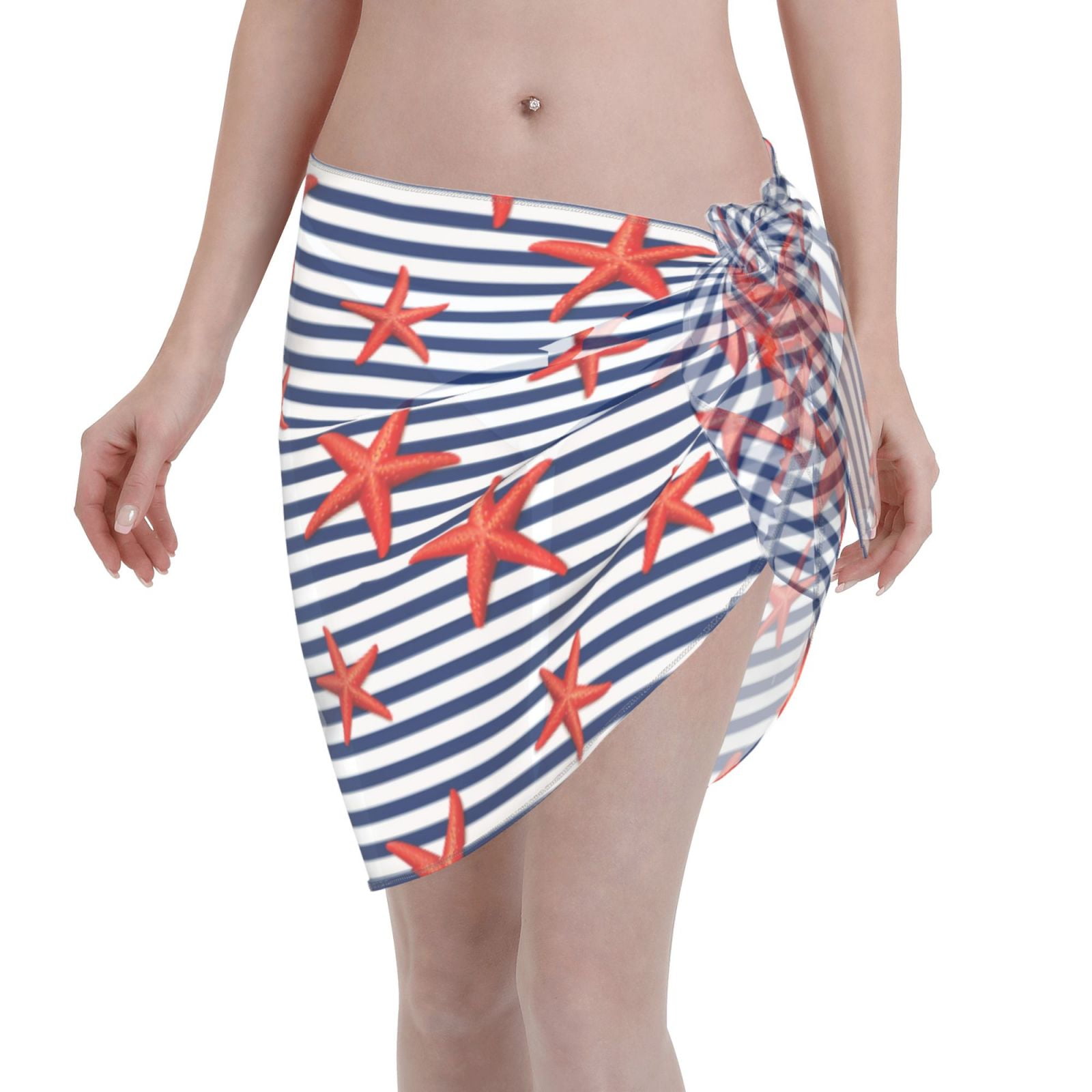 Kll Starfish Navy Blue Stripe Print Women S Sarong Coverups Short Bathing Suit Wrap Skirt Beach Wrap Swimsuit Cover Ups