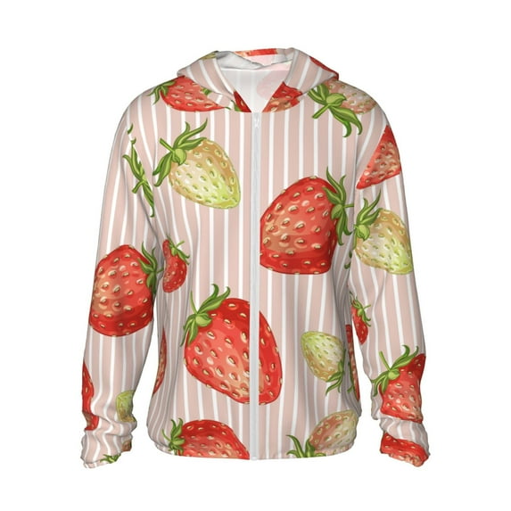 Kll Strawberries Print Men'S Women’s Upf 50+ Sun Protection Outdoor Hoodie Jacket Long Sleeve Fishing Hiking Performance Shirt- Large