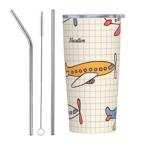 Kll Striped Vintage Planes Stainless Steel Vacuum Insulated Coffee Cup 20 Oz Insulated Travel Mug Water Cup With Leak-Proof Straw Lid & Flip Lid,1 Metal Straws,1 Cleaning Brush