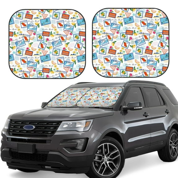 Kll Summer Stamp Windshield Sun Shade 2-Piece Foldable Car Front Window Sunshade For Most Sedans Suv Truck - Auto Sun Blocker Visor Protector Blocks Max Uv Rays - Small