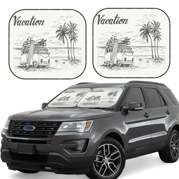 Kll Summer Vacation Scene With Camping Van Windshield Sun Shade 2-Piece Foldable Car Front Window Sunshade For Most Sedans Suv Truck- Large