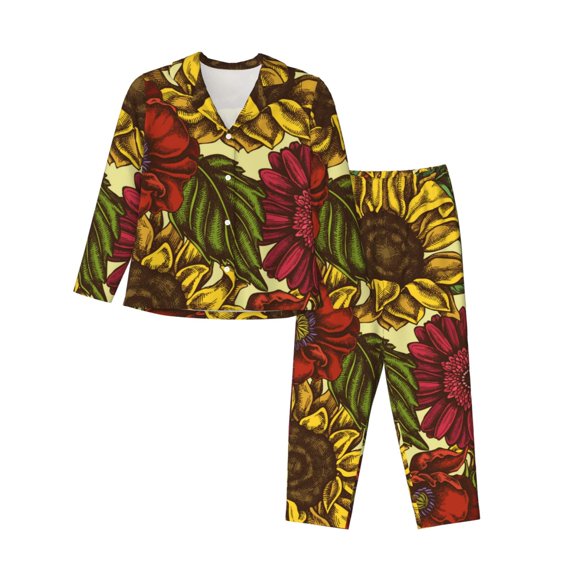 Kll Sunflower Print Women'S Long Sleeve Pajamas With Pants Sleepwear Loungewear 2 Set-X-Large