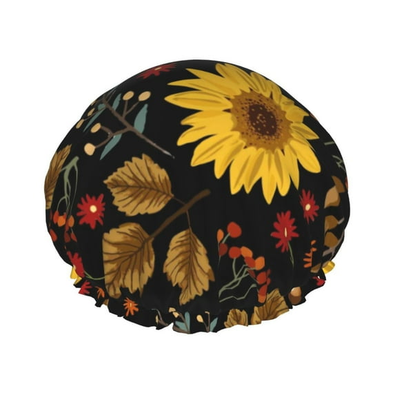 Kll Sunflowers Leaves Pattern Shower Cap & Bath Cap For Women,Reversible Oversized Waterproof Shower Caps For All Hair Lengths,Elastic Reusable Bathing Hair Cap