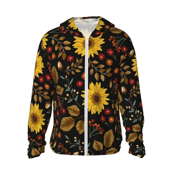 Kll Sunflowers Leaves Print Men'S Women’s Upf 50+ Sun Protection Outdoor Hoodie Jacket Long Sleeve Fishing Hiking Performance Shirt- Medium