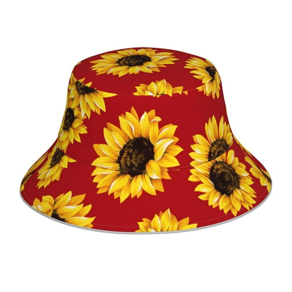 Kll Sunflowers On Red Bucket Hat For Women Men Packable Travel Beach Sun Hat Outdoor Rave Accessories Reflective Fisherman Cap