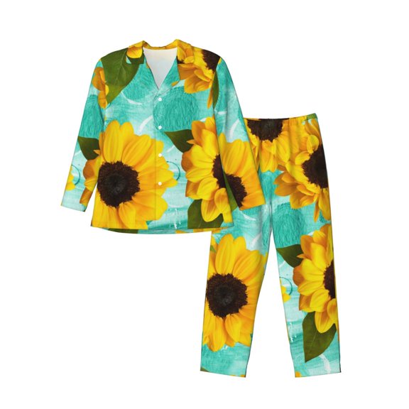 Kll Sunflowers With Green Leaves Sleepwear Mens Flannel Pajamas,Long Cotton Pj Set