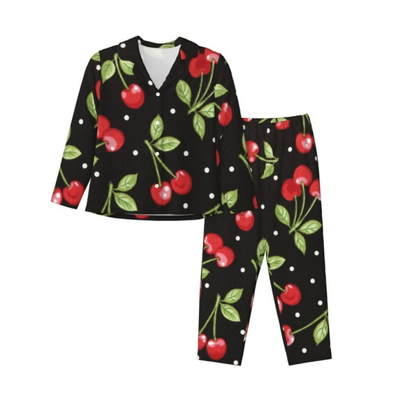 Kll Sweet Red Cherry Print Women'S Long Sleeve Pajamas With Pants Sleepwear Loungewear 2 Set-Small