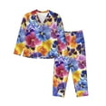 thumbnail image 1 of Kll The Garden Tricolor Pansy Flower Print Women'S Long Sleeve Pajamas With Pants Sleepwear Loungewear 2 Set-Medium, 1 of 9
