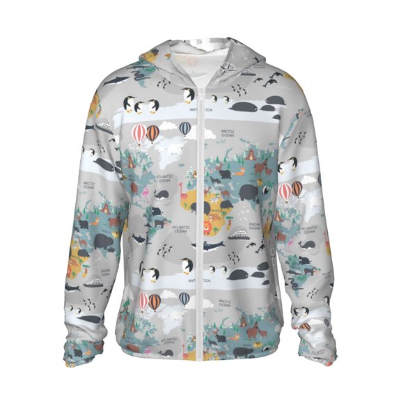 Kll The World Map With Cartoon Animals Print Men'S Women’s Upf 50+ Sun Protection Outdoor Hoodie Jacket Long Sleeve Fishing Hiking Performance Shirt- Xx-Large