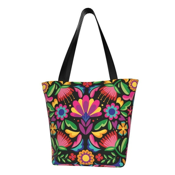 Kll Tote Bag For Women Colorful Floral Embroidery Mexican Print Shopping Grocery Reusable Bags For Office School Shopping Travel