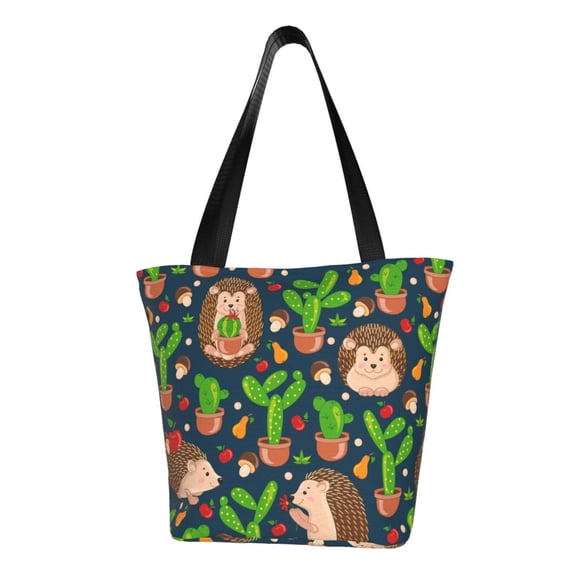 Kll Tote Bag For Women Cute Hedgehogs Cactus Blue Print Shopping Grocery Reusable Bags For Office School Shopping Travel