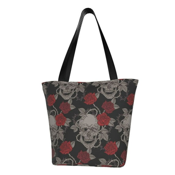 Kll Tote Bag For Women Skull And Red Roses Print Shopping Grocery Reusable Bags For Office School Shopping Travel