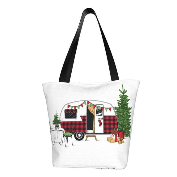 Kll Tote Bag For Women Vintage Buffalo Plaid Christmas Camper Print Shopping Grocery Reusable Bags For Office School Shopping Travel