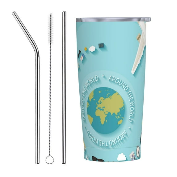 Kll Travelling On Airplane Stainless Steel Vacuum Insulated Coffee Cup 20 Oz Insulated Travel Mug Water Cup With Leak-Proof Straw Lid & Flip Lid,1 Metal Straws,1 Cleaning Brush