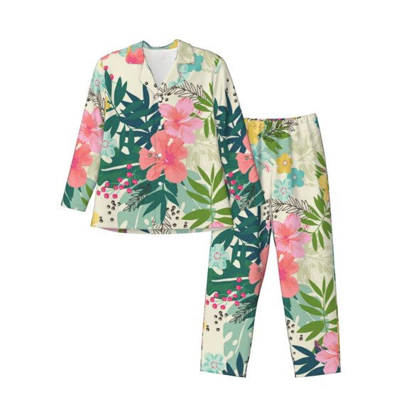 Kll Tropical Flowers Sleepwear Mens Flannel Pajamas,Long Cotton Pj Set
