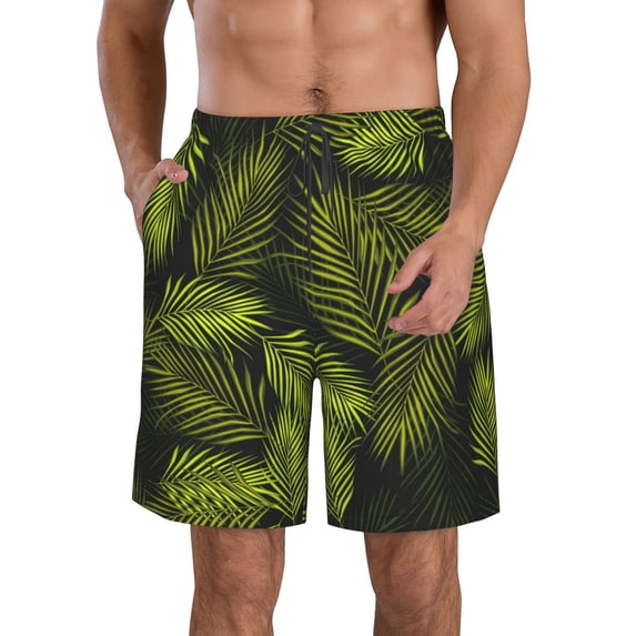 Kll Tropical Palm Leaves Fern Leaf Men'S Casual Summer Beach Shorts Hawaiian Shorts With Pockets-Medium