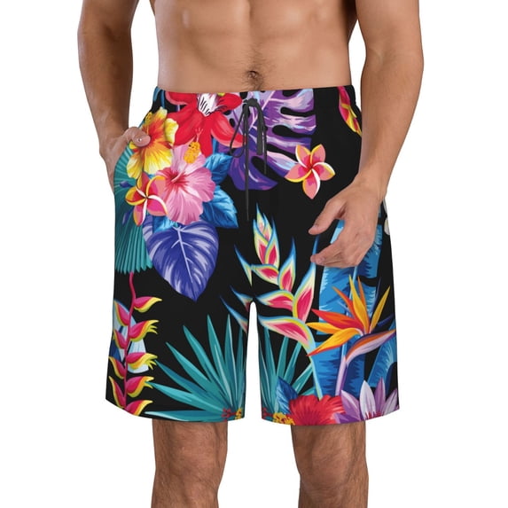 Kll Tropical Palm Leaves Men'S Casual Summer Beach Shorts Hawaiian Shorts With Pockets-3x-Large