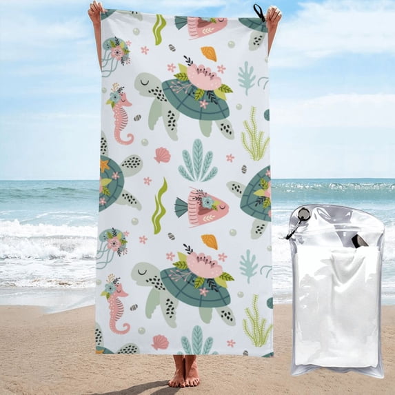 Kll Turtle And Sea Life Microfiber Beach Towel Fast Drying,Extra Large 27.5"X55" Sand Free Beach Towel Super Lightweight Towels