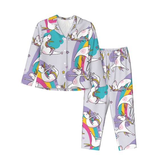 Kll Unicorn Doingyoga Print Women'S Long Sleeve Pajamas With Pants Sleepwear Loungewear 2 Set-X-Large