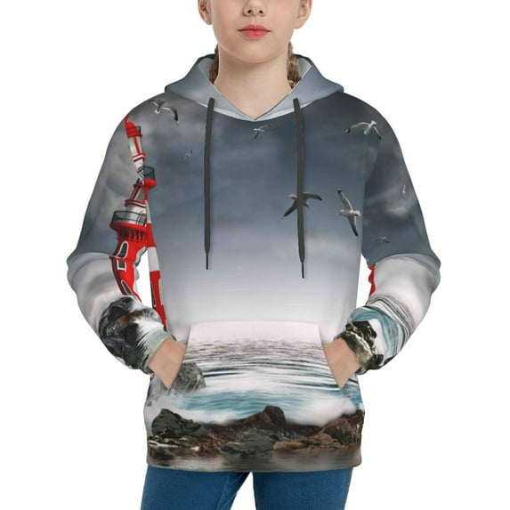 Kll Unisex Kids Boys Girls Hooded Pocket Pullover Hoodies-3d Lighthouse In The Surf