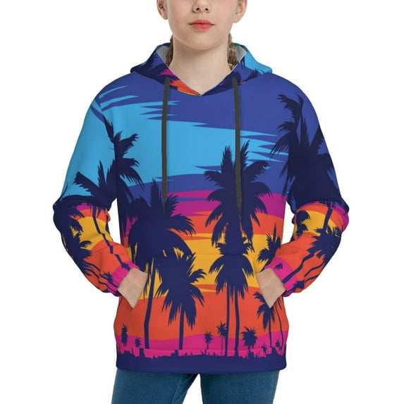 Kll Unisex Kids Boys Girls Hooded Pocket Pullover Hoodies-Beach With Palm Trees