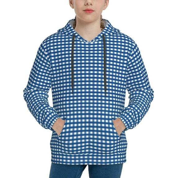 Kll Unisex Kids Boys Girls Hooded Pocket Pullover Hoodies-Blue Gingham