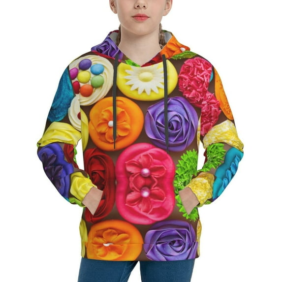 Kll Unisex Kids Boys Girls Hooded Pocket Pullover Hoodies-Brightly Colored Cupcakes