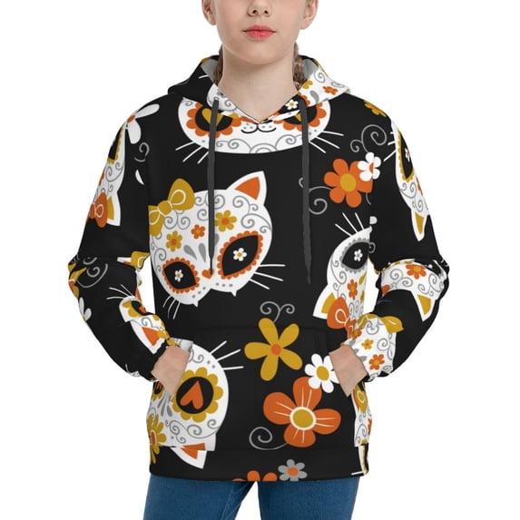 Kll Unisex Kids Boys Girls Hooded Pocket Pullover Hoodies-Cat Skulls And Flowers