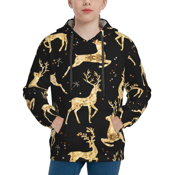 Kll Unisex Kids Boys Girls Hooded Pocket Pullover Hoodies-Christmas Gold Deers