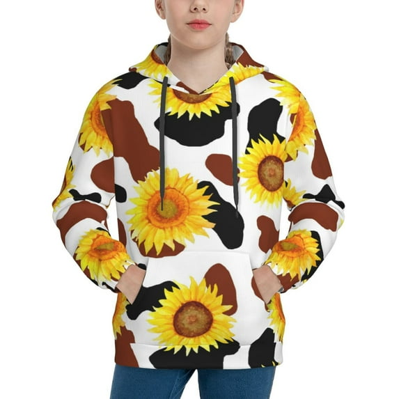 Kll Unisex Kids Boys Girls Hooded Pocket Pullover Hoodies-Cow Print Sunflower