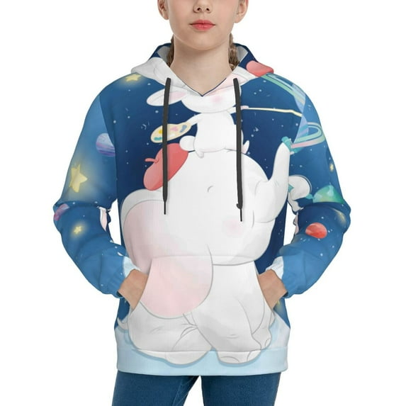 Kll Unisex Kids Boys Girls Hooded Pocket Pullover Hoodies-Cute Little Bunny Elephant Painting A Planet