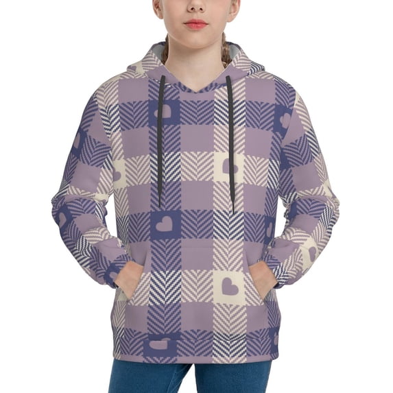 Kll Unisex Kids Boys Girls Hooded Pocket Pullover Hoodies-Heart Check Plaid
