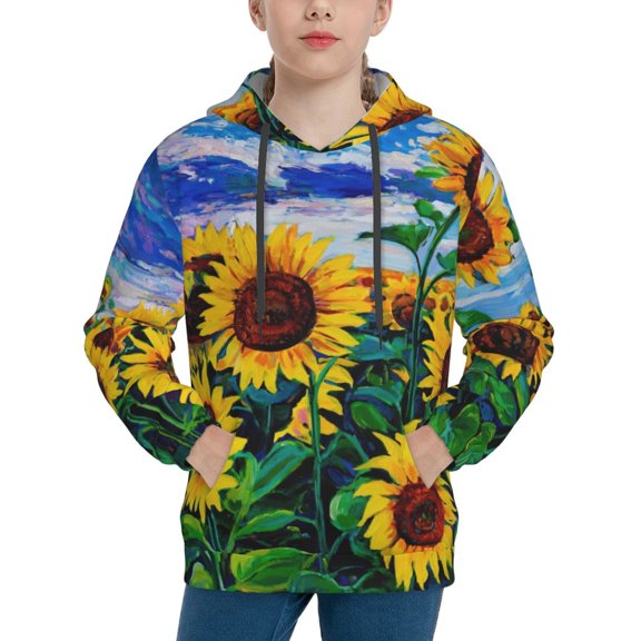 Kll Unisex Kids Boys Girls Hooded Pocket Pullover Hoodies-Landscape With Sunflowers